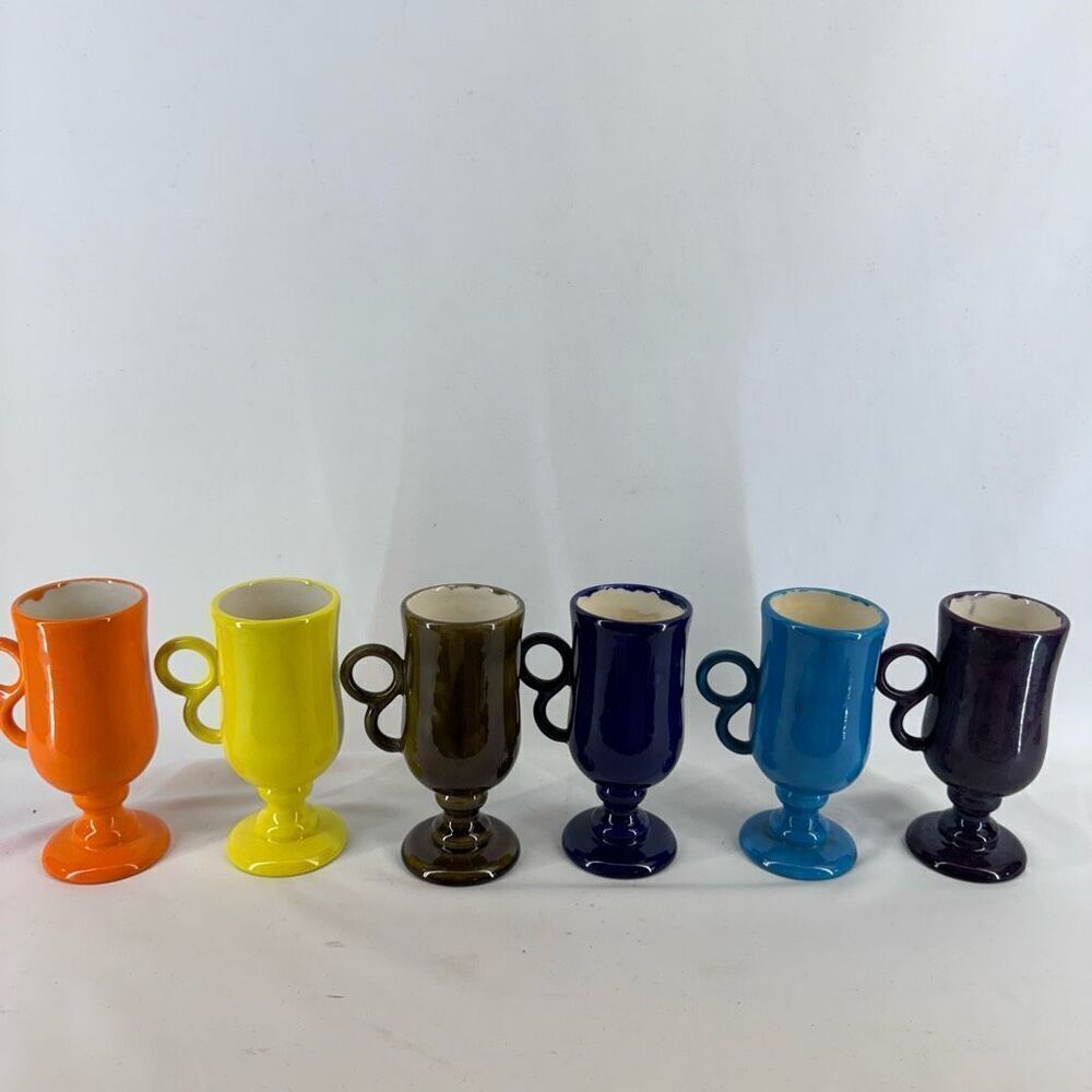 Vintage 70s Pedestal Mug Cups Different Solid Colors on White Base Set of 6